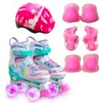 Cota Patins Infantil 4 Rodas Ajustável Com Led + Kit De Proteção