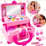 Maleta De Maquiagem Infantil Lavável Com Espelho Kit Completo 32 Peças Antialérgica Presente Menina Mompas